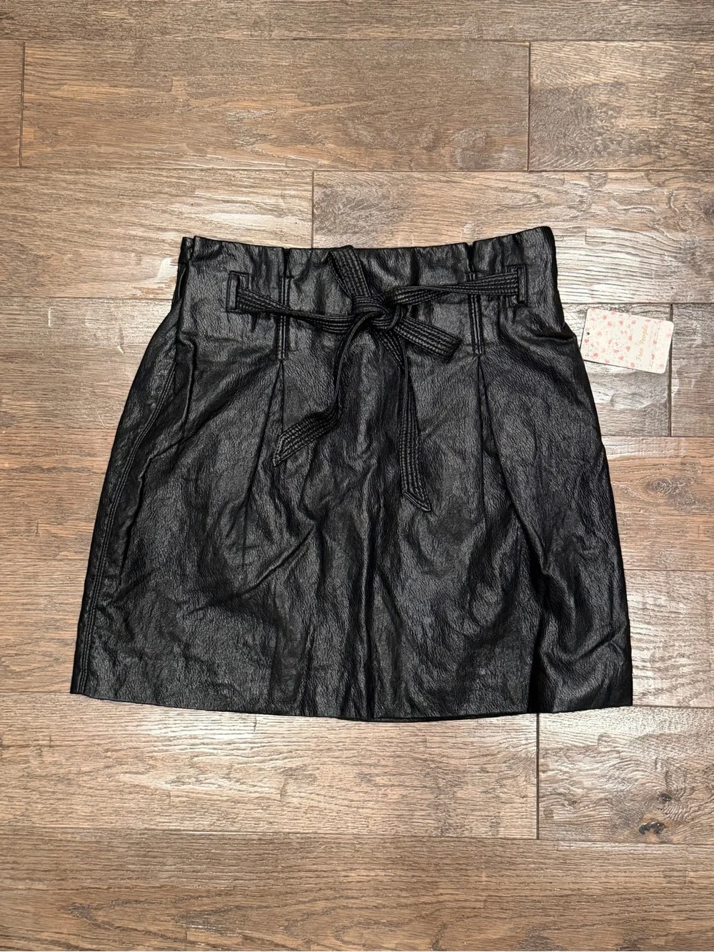 Free People Black Faux-Leather Mini Skirt with Paperbag Waist and Tie